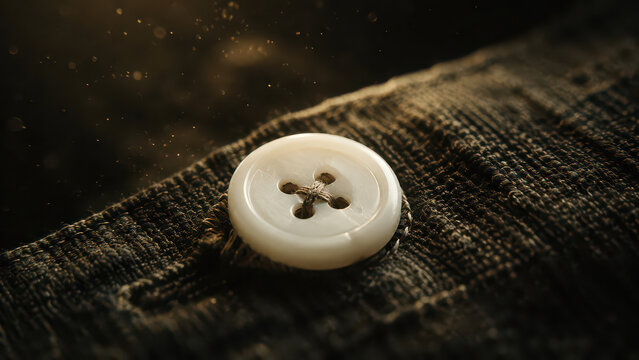 Button, fabric, macro, textile, thread on dark cloth with warm dust particle