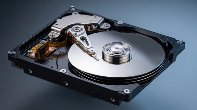 Open Hard Drive Detail: A detailed close-up showcases the inner workings of a computer hard disk drive, revealing spinning platters, read/write heads, and intricate mechanical components.