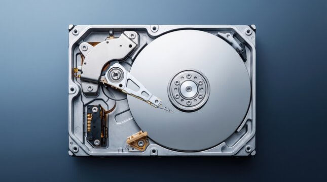 Internal Workings of a Hard Drive: A detailed close-up of an open hard disk drive, revealing its intricate components and mechanical parts, symbolizing data storage and technology.