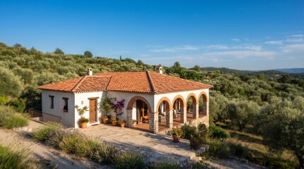 Fototapeta premium Mediterranean villa in olive grove. Traditional stone house with arches and terracotta roof.