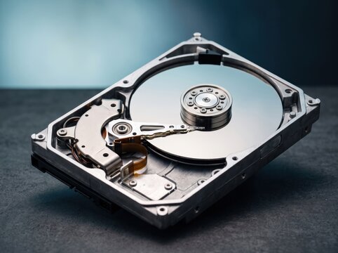 Internal Hard Disk Drive Anatomy: A detailed, close-up view reveals the intricate inner workings of a computer hard disk drive, showcasing the magnetic platters, read-write heads, and actuator arm.
