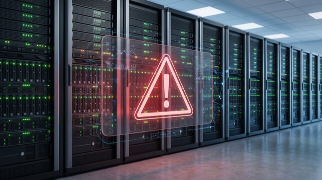 Red warning icon appearing over server racks in a data center