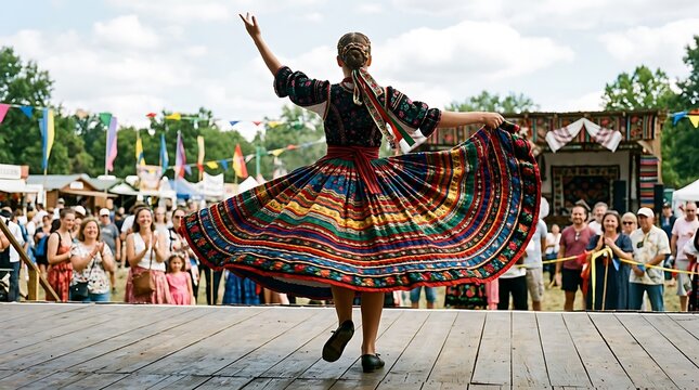 A woman performing a traditional folk dance on a stage at a summer festival.