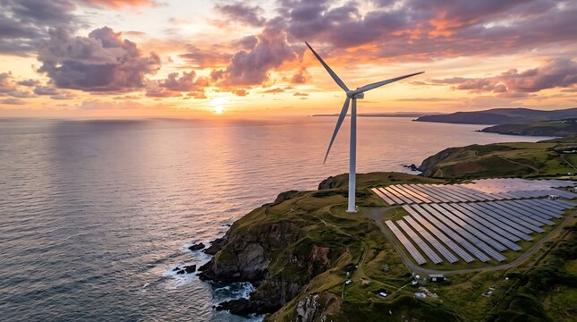 Coastal Renewable Energy Farm: A picturesque scene of a wind turbine and a solar panel array perched on a rugged cliff overlooking the sea at sunset.