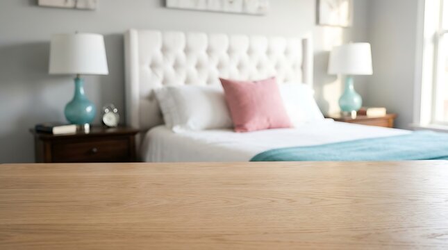 Cozy Bedroom Haven: A soft pink pillow rests on a neatly made bed, flanked by teal-lamp-adorned nightstands, creating a serene and inviting bedroom sanctuary bathed in gentle light.
