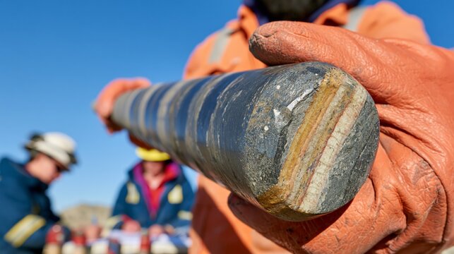 Diamond core drill bit with a rock core sample in sharp focus and blurred geologists behind. Concept of mineral exploration drilling.