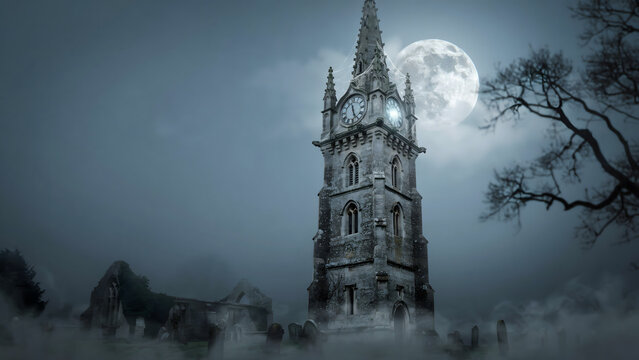 Ancient gothic stone clock tower in a misty graveyard under a bright full moon with a dark and eerie atmosphere and bare tree branches