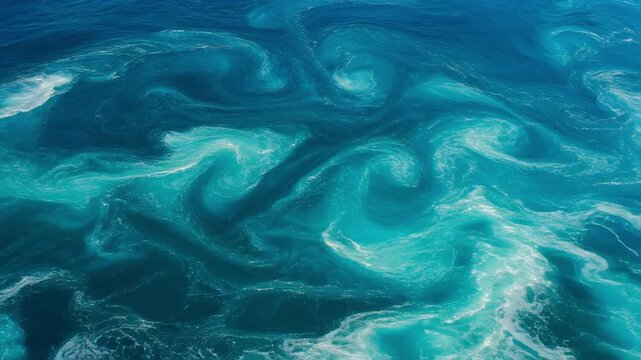 Close-up of swirling blue ocean water with waves and foam patterns