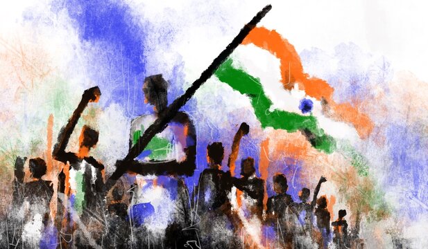 Abstract illustration of people celebrating while waving the Indian national flag, expressing patriotism, unity and national pride