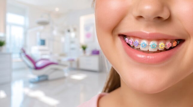 Happy smiling girl wearing colorful flower-shaped orthodontic braces in a modern dental clinic. Pediatric orthodontics, healthy teeth, dental care and children's smile concept