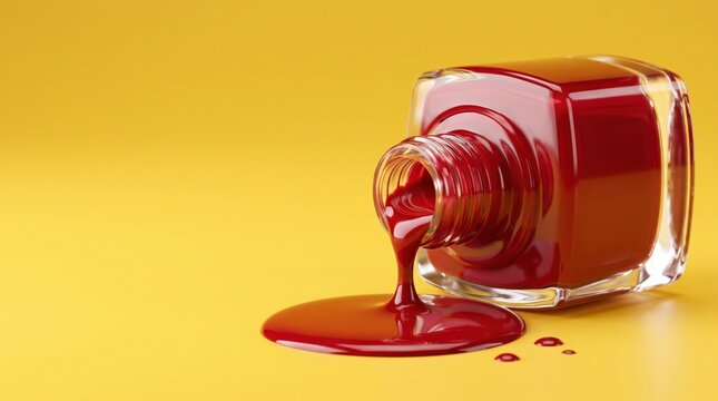 Bright red nail polish spilling from an open glass bottle on a vibrant yellow background. Creative beauty concept with copy space for cosmetics, manicure, fashion and advertising