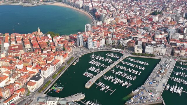 Aerial \iew of Downtown Gijon  - Marina and Boats, Cimavilla Peninsula, and Coastline Cityscape in Asturias, Northern Spain