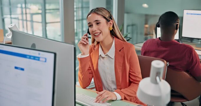 Help, woman and happy at computer in callcenter for customer care, follow up call or feedback. Coworking, friendly consultant and technology to log support ticket, problem solving or helpdesk service