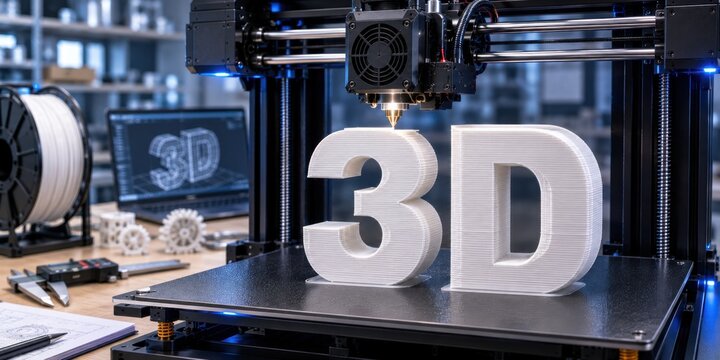 Modern FDM 3D printer manufacturing large 3D letters in a workshop. Additive manufacturing, rapid prototyping, digital fabrication, engineering innovation and industrial production concept