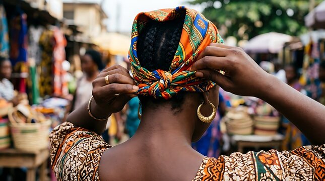 African woman tying a colorful traditional headwrap in a busy local marketplace.