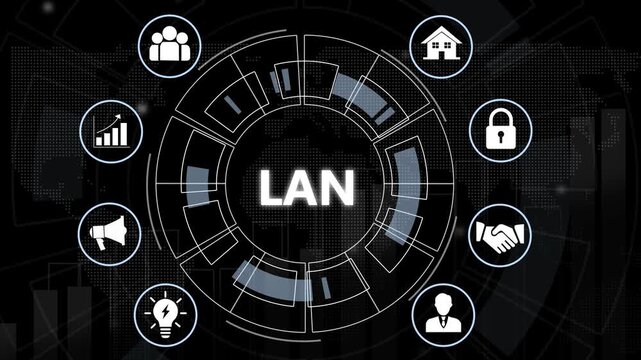 Advanced local area network lan technology concept featuring interactive digital interface for global business connectivity, cybersecurity, data management, and modern corporate network