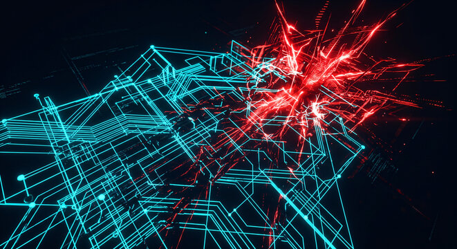 Asymmetric neon abstract visualization of a red malware anomaly corrupting a cyan data grid