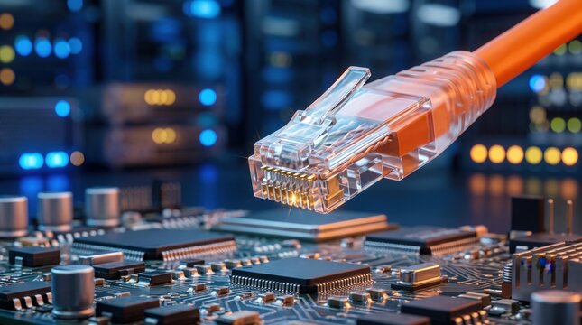 RJ45 Ethernet network connector above an electronic circuit board in a data center environment. High speed networking, internet connectivity, server infrastructure and information technology