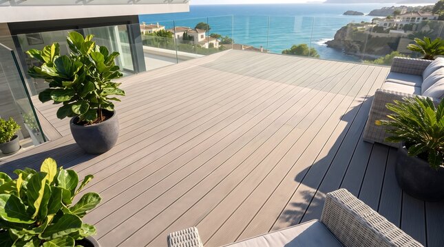 Modern luxury rooftop terrace featuring grey composite decking and vibrant green potted plants overlooking a scenic coastline for high-end real estate marketing concept.