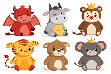 Fototapeta premium Six cute cartoon animals dressed as fantasy characters sitting down