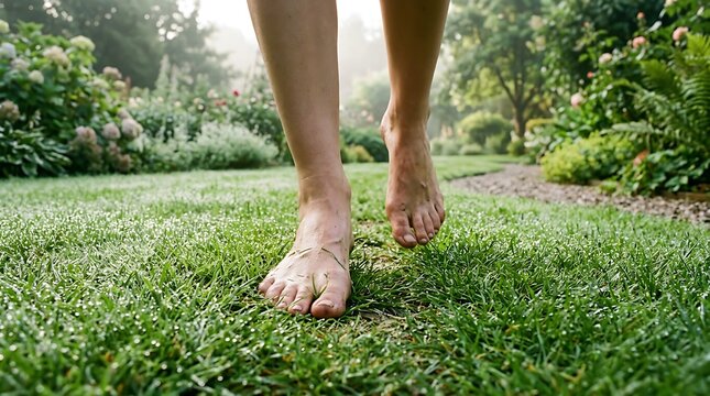 Barefoot person walking on fresh green grass in a garden.