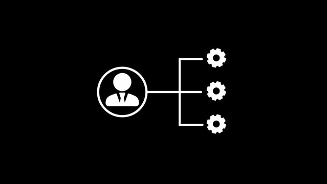 White user connected to three gear on black background