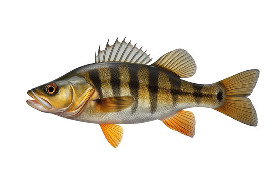Striped freshwater perch fish with raised spiny dorsal fin