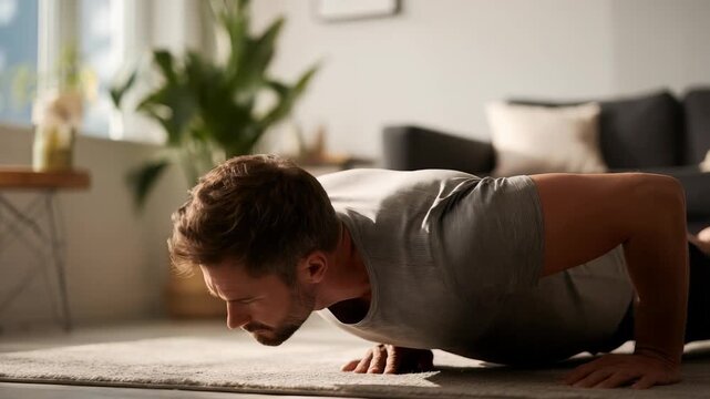 Athletic adult male doing push ups on a soft carpet in a modern living space, emphasizing home workout routines. Natural light creates a motivating and energetic atmosphere for exercise
