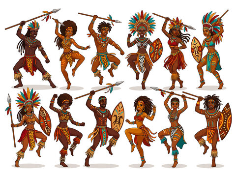 Ten vibrant carnival tribal dancers in a clean flat-vector illustration, full-body group shot arranged in two staggered rows on pure white background