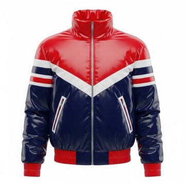 Stylish red blue leather bomber jacket with stripes isolated on white background