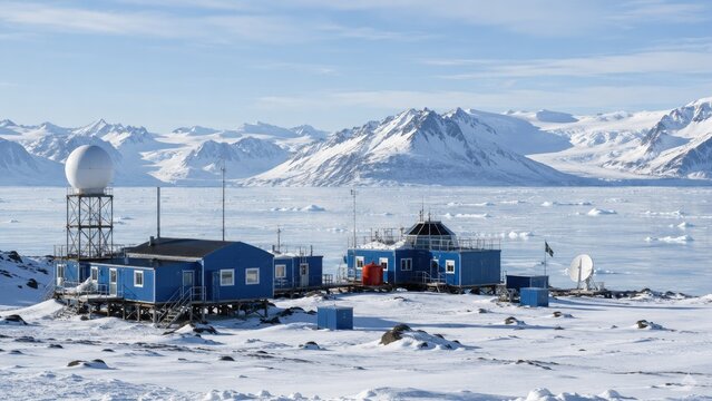 Blue modular polar research station with radome and satellite dish on a snowy coastal plain, sea ice and glaciated mountains in the background