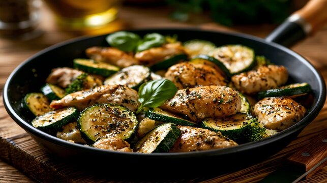 Pan Fried Chicken Breast with Zucchini and Fresh Basil in Skillet, Healthy Low Carb Dinner, Rustic Homemade Meal