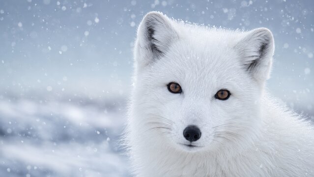 Close-up portrait of an Arctic fox with white fluffy fur and brown eyes in a snowy winter landscape