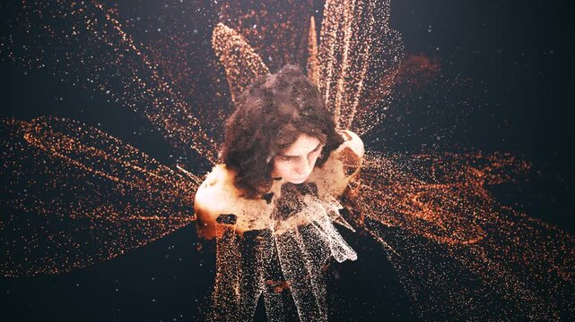 Abstract 3d animation of a scanned human figure dissolving into thousands of glowing particles against a dark background. Metaphor for artificial intelligence
