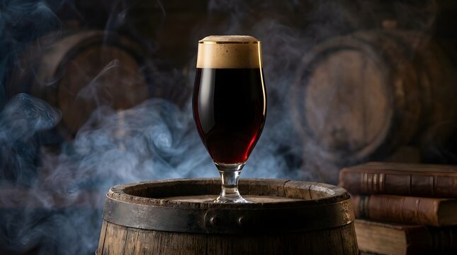 A glass of dark stout beer on a wooden barrel with smoke and blurred barrels in the background