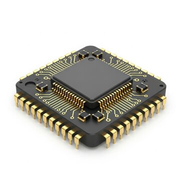Close-up of black electronic processor chip isolated on white background