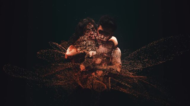 Couple dissolving into a swirling cloud of glowing particles. Abstract 3d animation representing love, relationship, and technology. Seamless loop