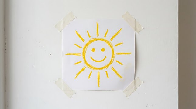 Childs hand drawn yellow smiling sun picture taped on a white wall.