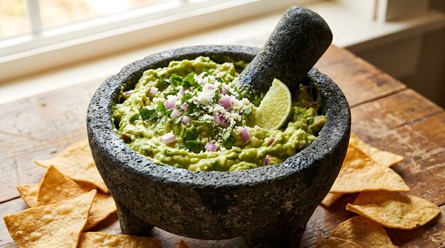 Fresh guacamole in a stone molcajete mortar with tortilla chips on a rustic wooden tabletop