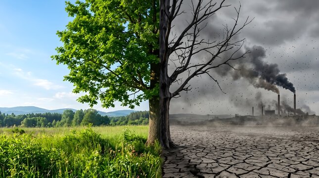 Green healthy tree and dead dry tree in cracked earth with industrial factory smoke showing contrast for climate change and environmental sustainability concept.