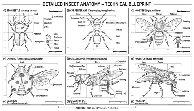 Insect Anatomy Technical Blueprint Illustrations Showing Detailed Morphological Structures of Various Species in Vector Format