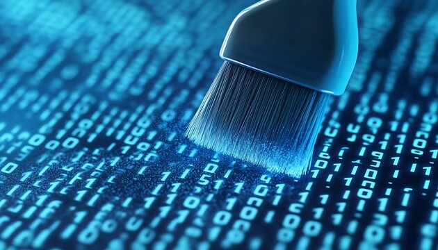 Close up of blue brush cleaning glowing digital binary code on a dark background.