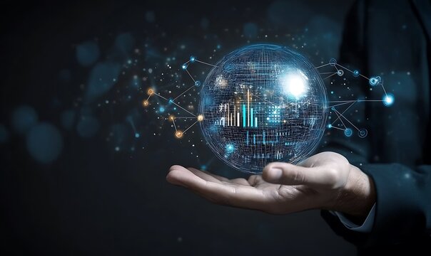 Digital globe held in hand with glowing connections and data streams.