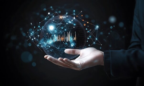 Digital globe held in hand with glowing connections and data streams.