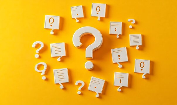 Scattered question marks and notes on yellow surface, concept for questions and answers, communication, and problem solving.