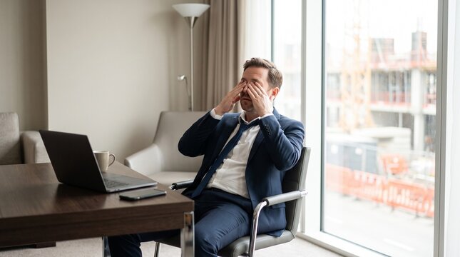 Tired businessman rubbing eyes at desk with construction outside
