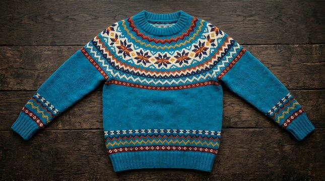 Cozy blue fair isle winter sweater on rustic wooden background.