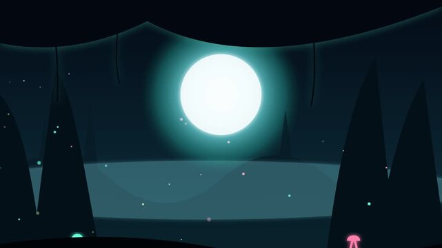 Glowing full moon in dark forest night landscape animation