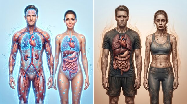 Human Anatomy and Muscular System Comparison Illustration.
