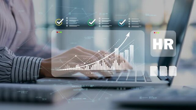 HR icon symbolizing recruitment analytics and talent pipeline optimization powered by workforce growth chart reporting and businesswoman overseeing hiring strategy